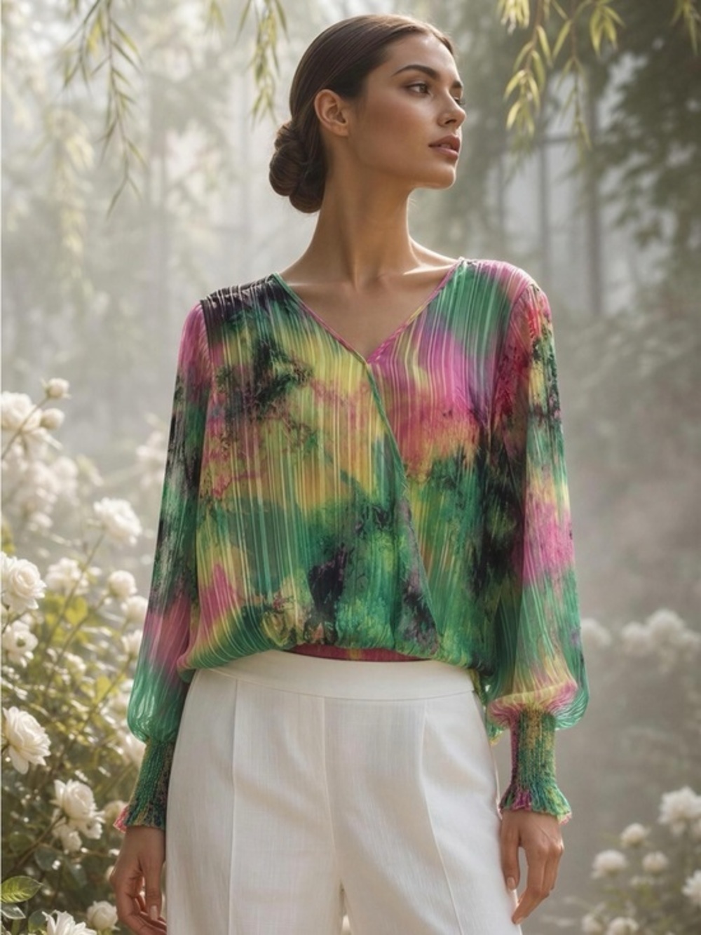 Ariella Sheer Vibrant Multicolor Long Sleeve Blouse